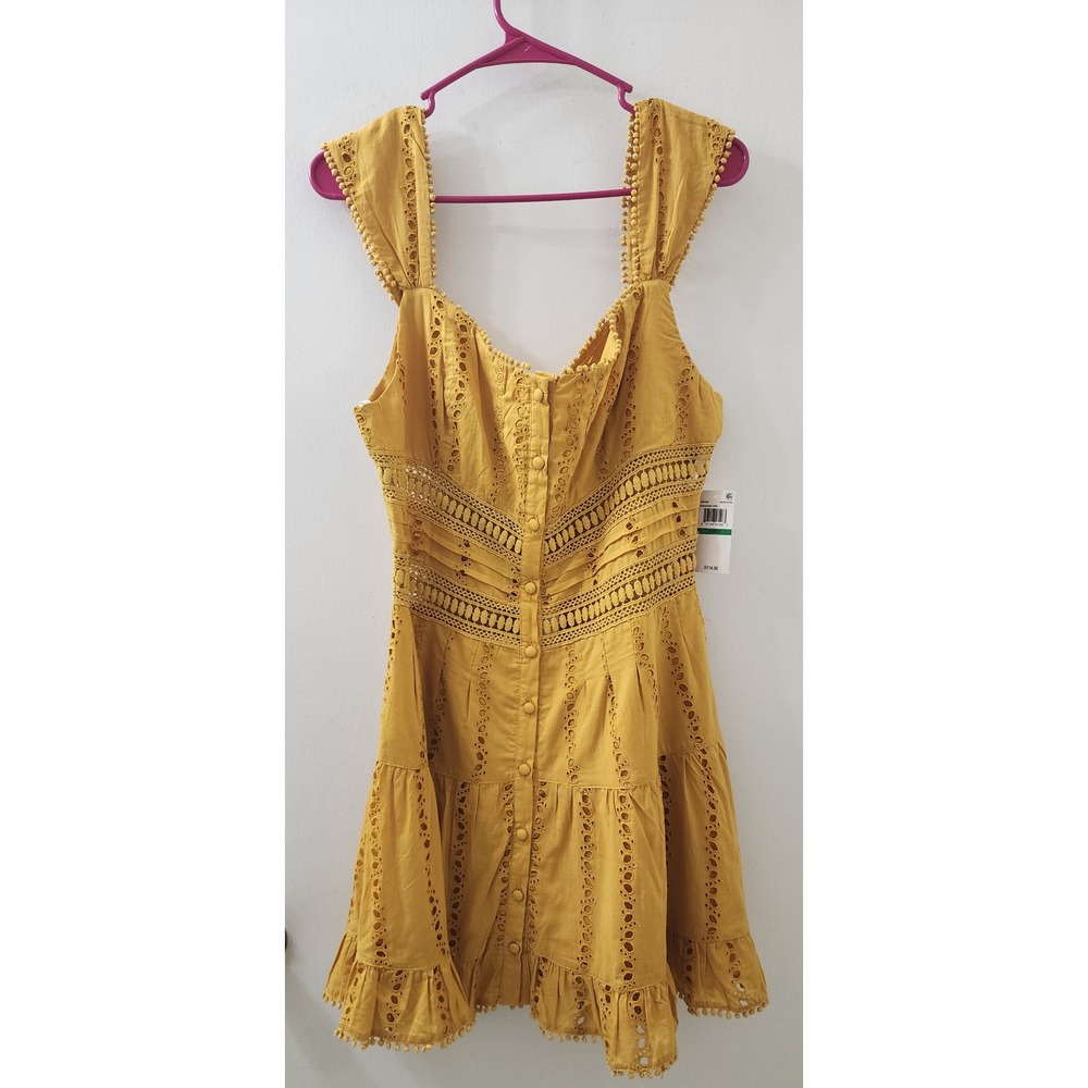 RAHI‎ Paradise Eyelet Mini Dress Mustard Yellow Button Front Pom Pom Trim Large